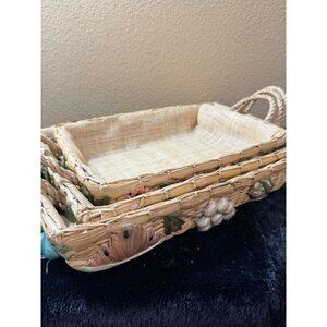 Vintage Woven Decorative Rectangular Nesting Baskets  Rustic Mid Century